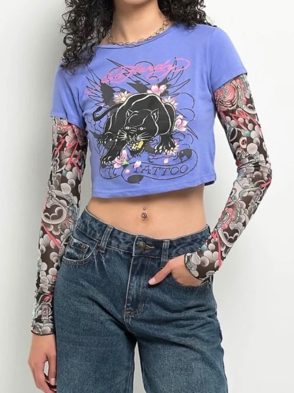 Ed Hardy Purple with Black Panther Sheer Tattooed Long Sleeve Crop Top Size L